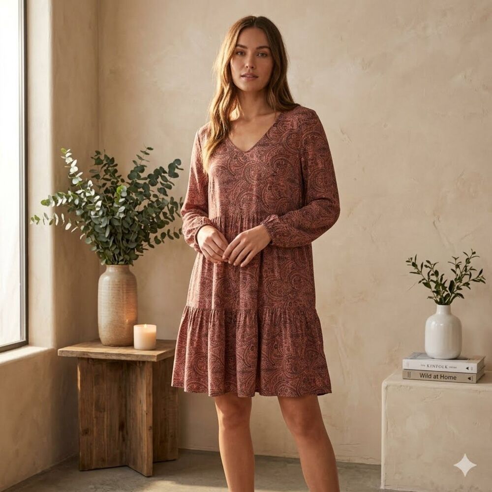 Lucky Brand Dress Womens S Mauve Paisley Boho Babydoll Tiered V Neck